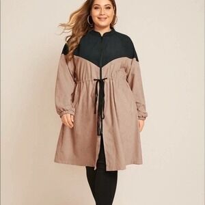 Women 1XL Colorblock Faux Suede Zip Front Drawstring Waist Jacket Black Tan